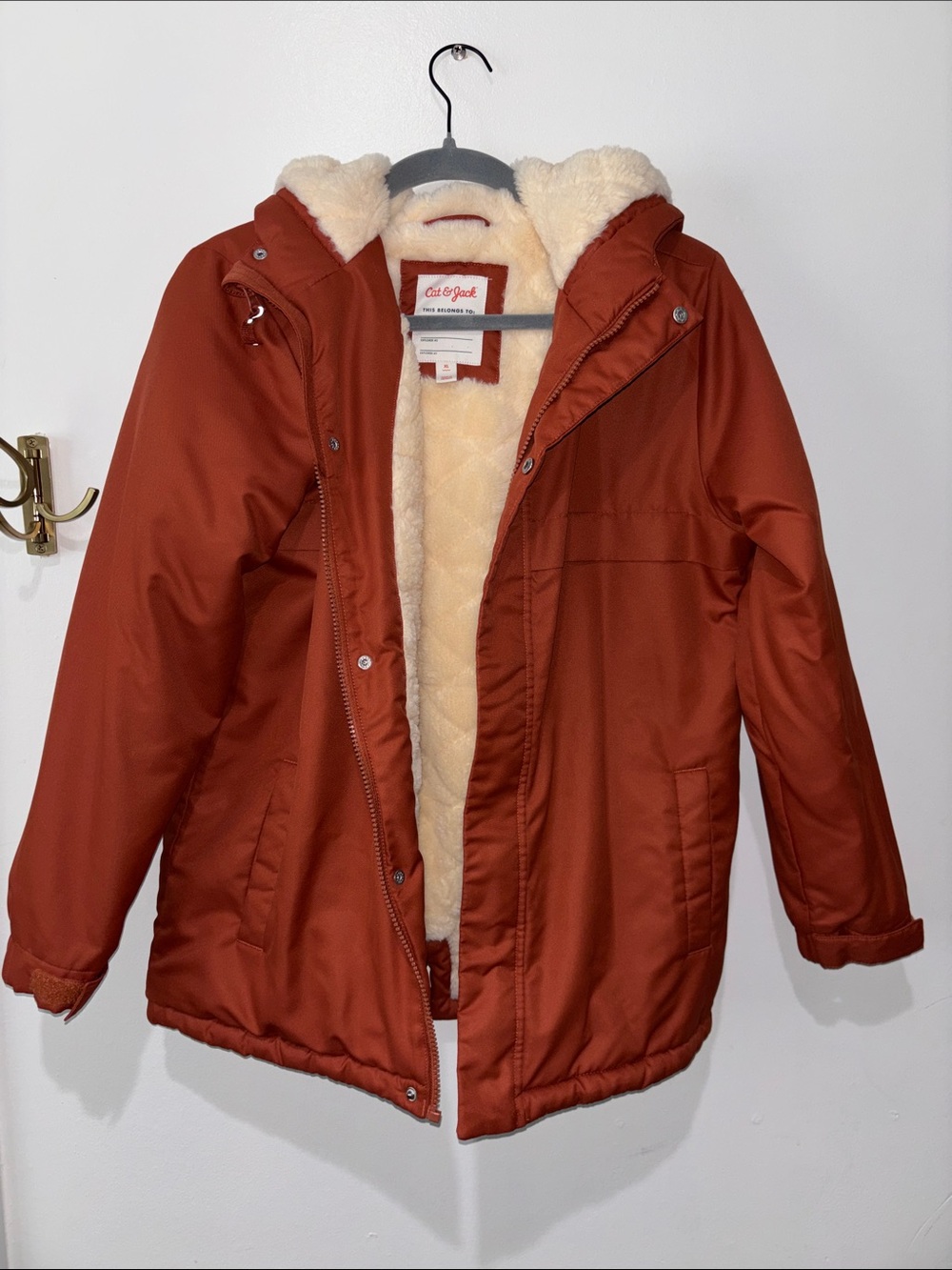 Cat & Jack Kid’s Rust Hooded Puffer Coat with Cream Sherpa Lining